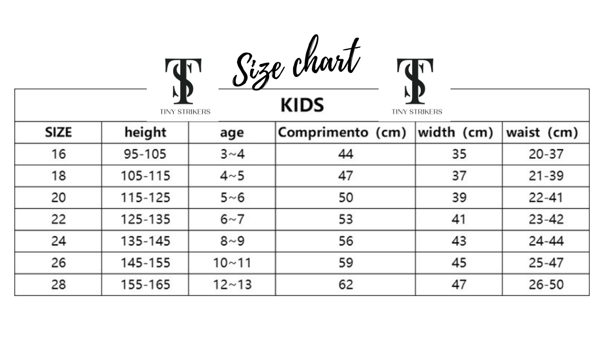 Tiny Strikers kids size chart